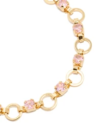 Gold Plated Alternating Pink Cubic Zirconia Round Link Bracelet