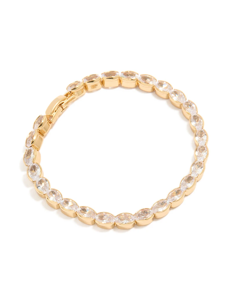Gold Plated Brass Oval Cubic Zirconia Tennis Bracelet