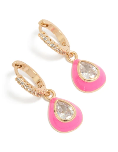 Gold Cubic Zirconia  Pink Enamel Outer Oval Huggie Earrings