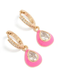 Gold Cubic Zirconia  Pink Enamel Outer Oval Huggie Earrings