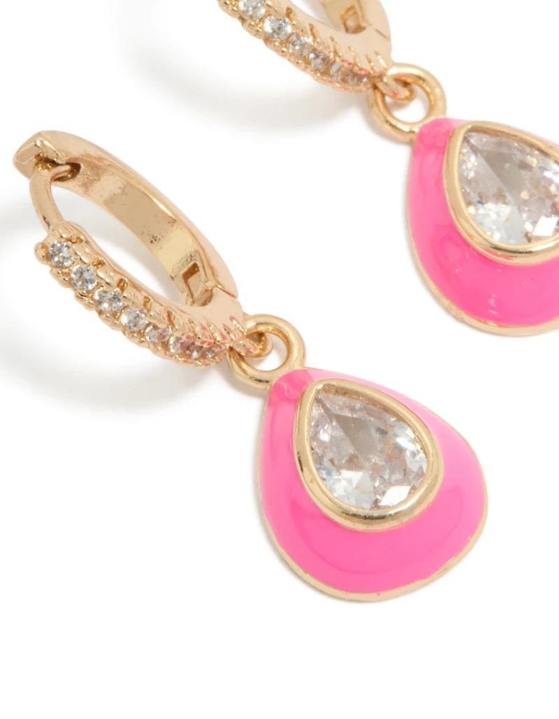 Boucles d'oreilles créoles ovales en or, zircon cubique et émail rose
