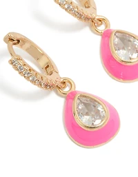 Boucles d'oreilles créoles ovales en or, zircon cubique et émail rose