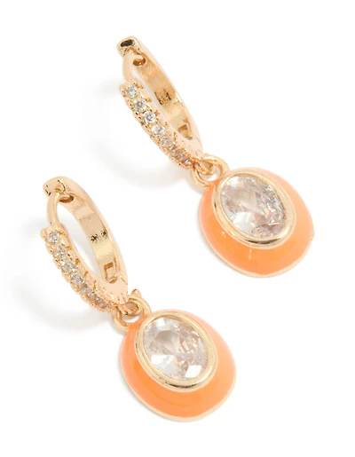 Gold Cubic Zirconia Orange Enamel Outer Oval Huggie Earrings