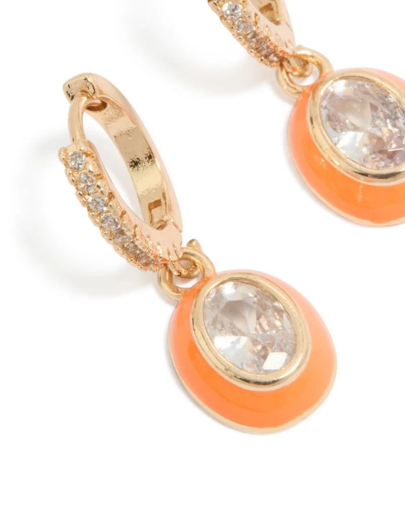 Gold Cubic Zirconia Orange Enamel Outer Oval Huggie Earrings