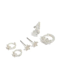Boucles d'oreilles puces et créoles en argent avec zircon cubique en forme de fleur (lot de 3)
