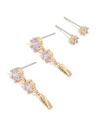 Gold Lilac Cubic Zirconia Stud & Drop Earrings 2-Pack