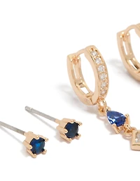 Gold Blue Cubic Zirconia Stud & Drop Huggie Earrings 2-Pack
