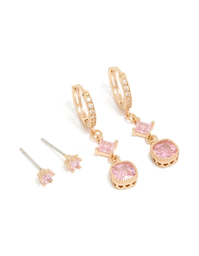 Gold Pink Cubic Zirconia Stud & Huggie Earrings 2-Pack