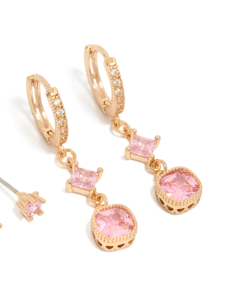 Gold Pink Cubic Zirconia Stud & Huggie Earrings 2-Pack