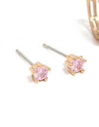 Gold Pink Cubic Zirconia Stud & Huggie Earrings 2-Pack