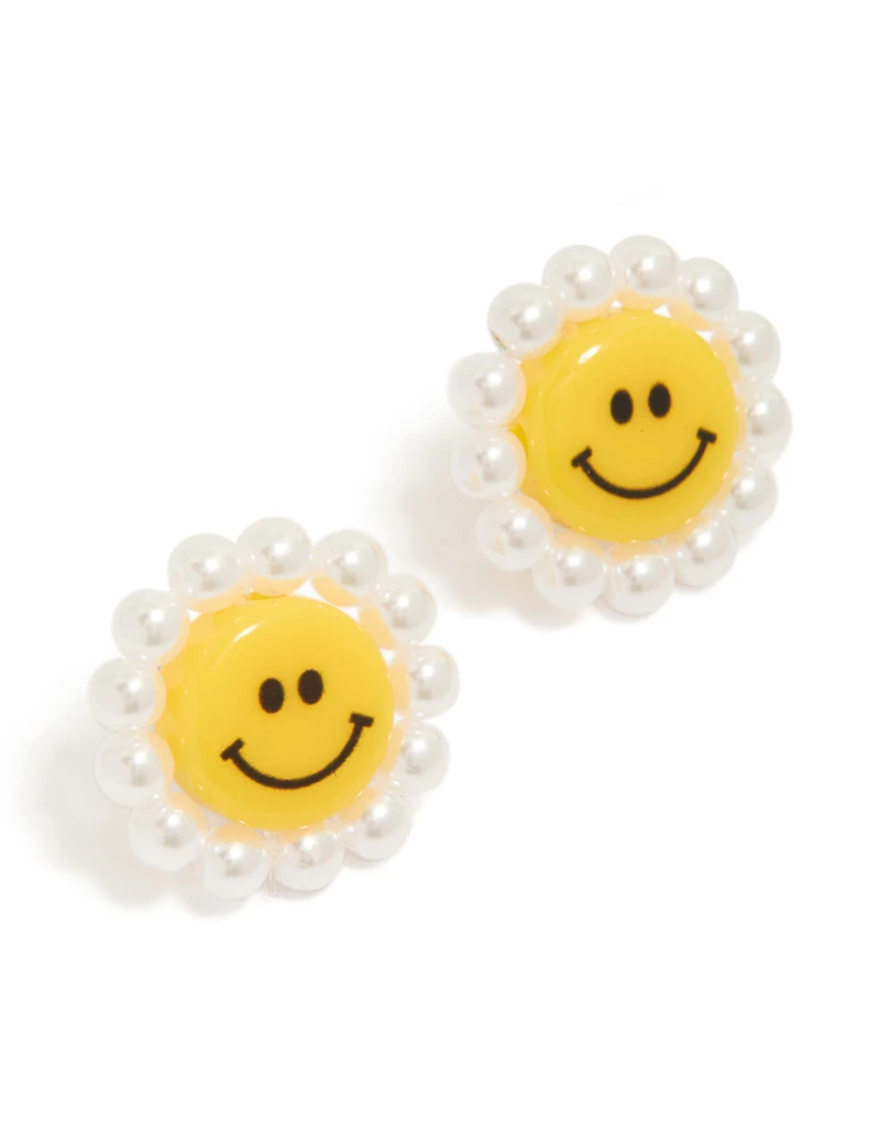 White and Yellow Acrylic Flower Smiley Face Stud Earrings
