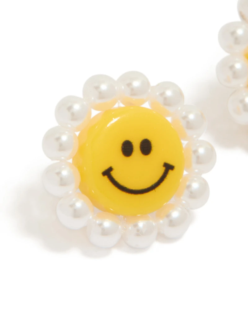White and Yellow Acrylic Flower Smiley Face Stud Earrings