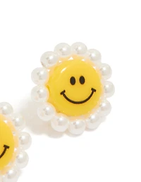 White and Yellow Acrylic Flower Smiley Face Stud Earrings