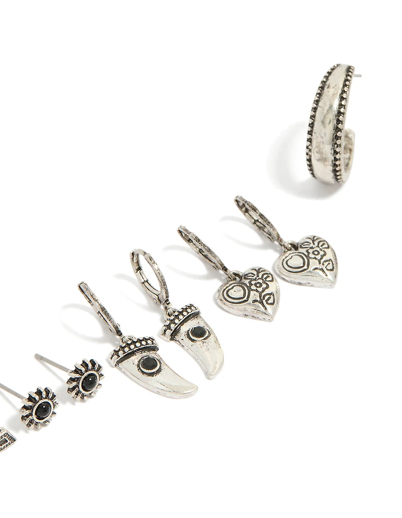 Antique Silver Gothic Tooth & Cross Earrings 6-Pack