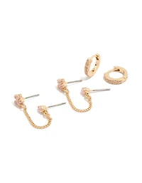 Gold Pink Cubic Zirconia Chain Flower & Huggie Earrings Pack