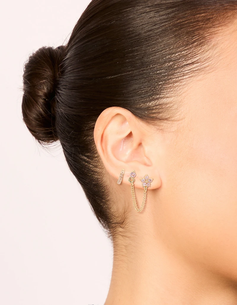 Gold Pink Cubic Zirconia Chain Flower & Huggie Earrings Pack