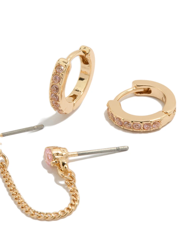 Gold Pink Cubic Zirconia Chain Flower & Huggie Earrings Pack
