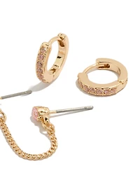Gold Pink Cubic Zirconia Chain Flower & Huggie Earrings Pack