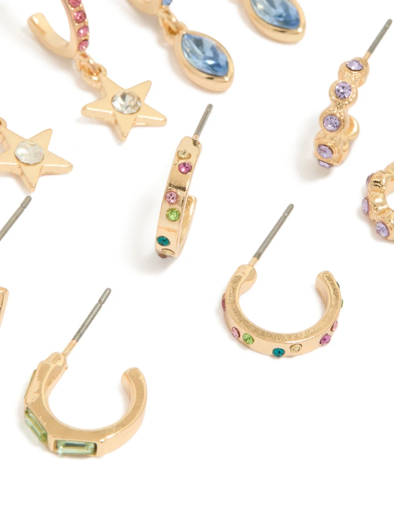Gold Multicoloured Diamante Hoop Earrings 6-Pack