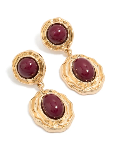Gold Double Burgundy Resin Drop Earrings