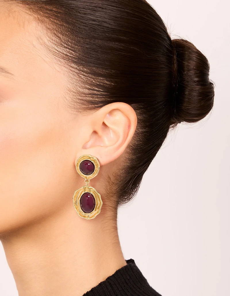 Gold Double Burgundy Resin Drop Earrings
