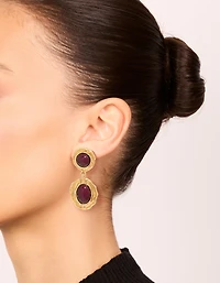 Gold Double Burgundy Resin Drop Earrings