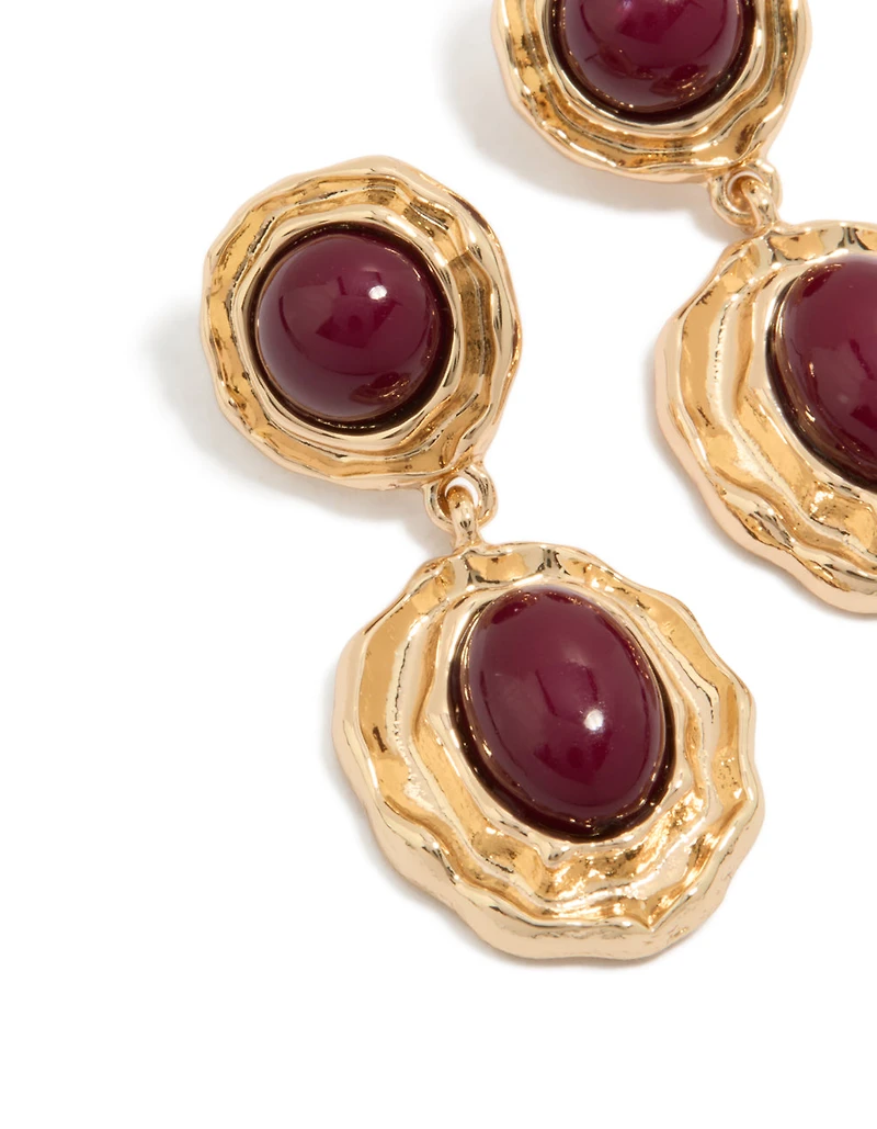Gold Double Burgundy Resin Drop Earrings