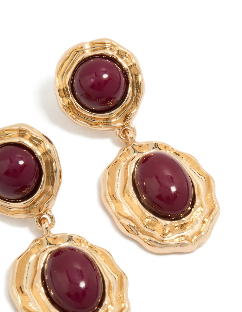 Gold Double Burgundy Resin Drop Earrings