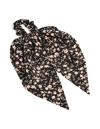 Black & Pink Printed Flower Scarf Scrunchie