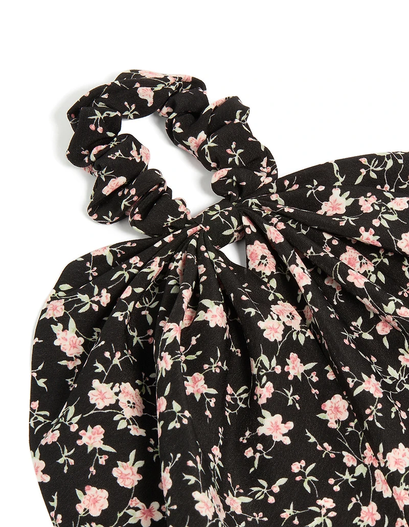Black & Pink Printed Flower Scarf Scrunchie