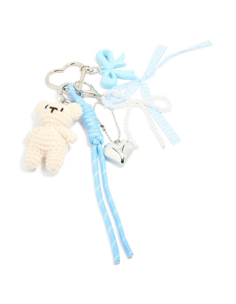 Cream Crochet Bear & Blue Bows Key Chain