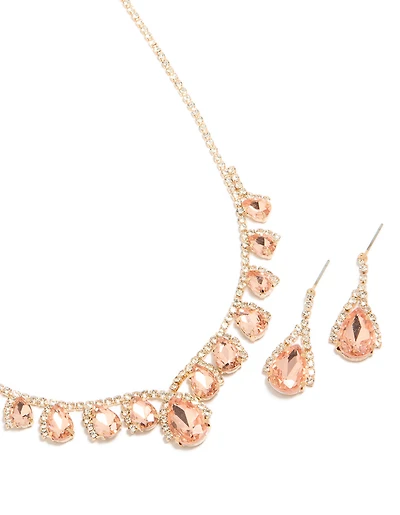 Gold Peach Diamante Necklace & Drop Earrings Set