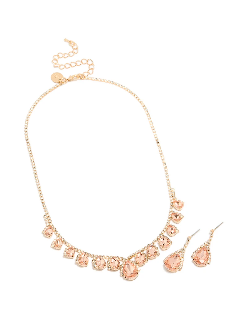 Gold Peach Diamante  Necklace & Drop Earrings Set