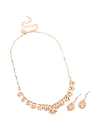 Gold Peach Diamante  Necklace & Drop Earrings Set