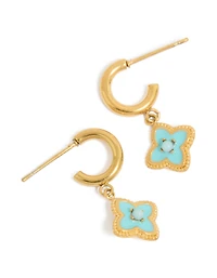 Tweens Gold Plated  Stainless Steel Blue Enamel Flower Open Hoop Earrings