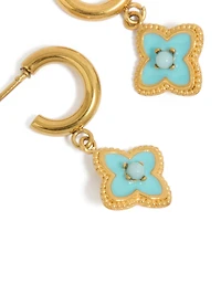 Boucles d'oreilles créoles ouvertes pour adolescentes, en acier inoxydable plaqué or, émail bleu et fleur.