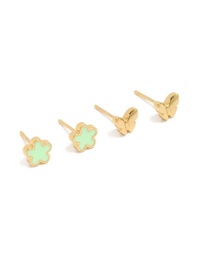 Tweens Waterproof Gold Plated Stainless Steel Flower & Butterfly Earrings Pack