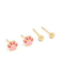 Tweens Waterproof Gold Plated Stainless Steel Paw Print Stud Earrings Pack