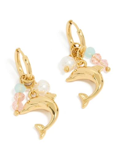 Tweens Waterproof Gold Plated Stainless Steel Dolphin & Bead Cluster Huggie Earrings