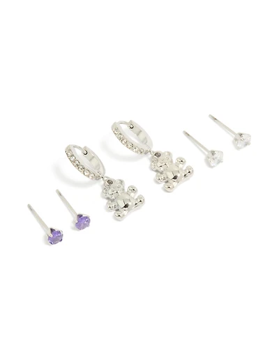 Tweens Stainless Steel Cubic Zirconia Bear Stacker Earrings 3-Pack