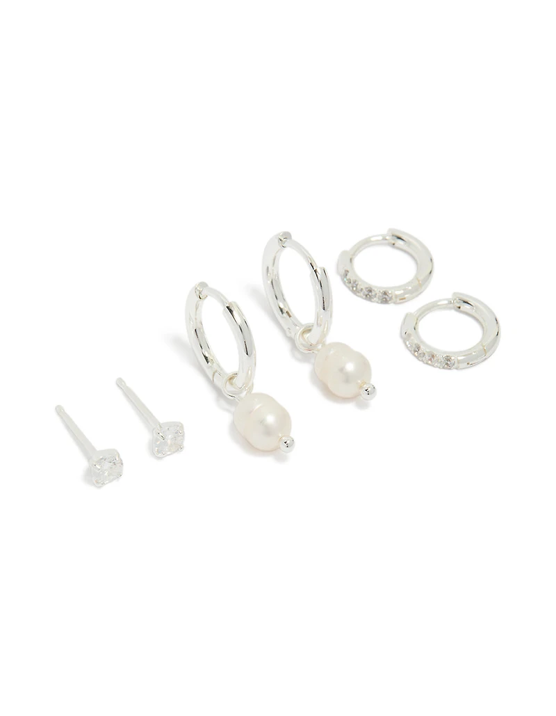 Tweens Stainless Steel Cubic Zirconia & Freshwater Pearl Huggie & Stud Earrings Pack