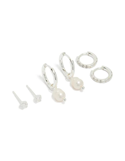 Tweens Stainless Steel Cubic Zirconia & Freshwater Pearl Huggie & Stud Earrings Pack