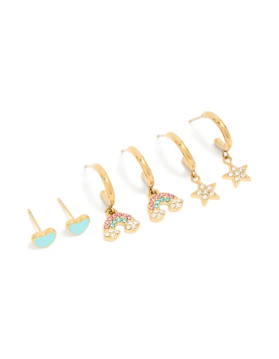 Tweens Waterproof Gold Plated Stainless Steel Diamante Motif Stacking Earrings Pack