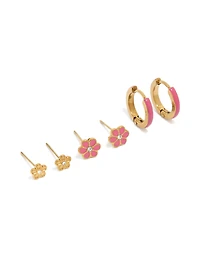 Tweens Gold Plated Stainless Steel Pink Enamel & Flower Earrings Stack Pack