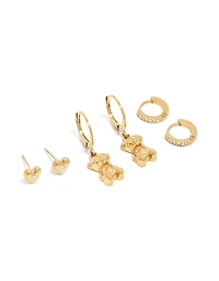 Tweens Gold Plated  Stainless Steel Heart & Bear Stack Earrings 3-Pack