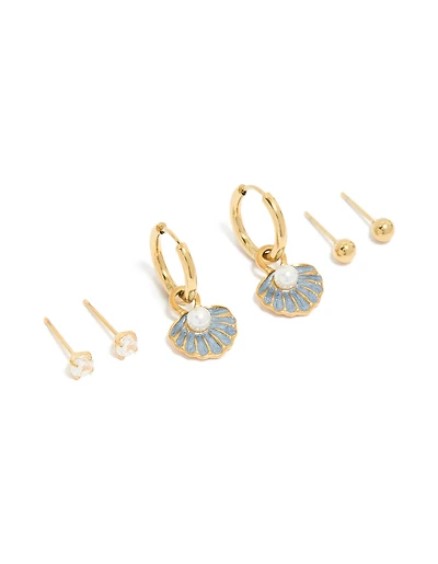 Tweens Gold Plated  Stainless Steel Pearl & Shell Stack Earrings 3 Pack
