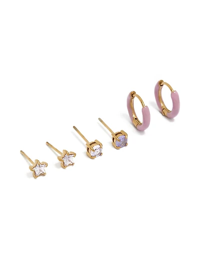 Tweens Gold Plated Stainless Steel Diamante & Enamel Stacking Earrings 3-Pack