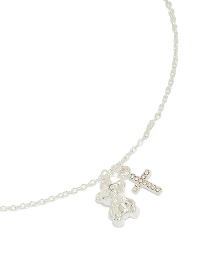 Tweens Stainless Steel Bear & Cross Charm Necklace