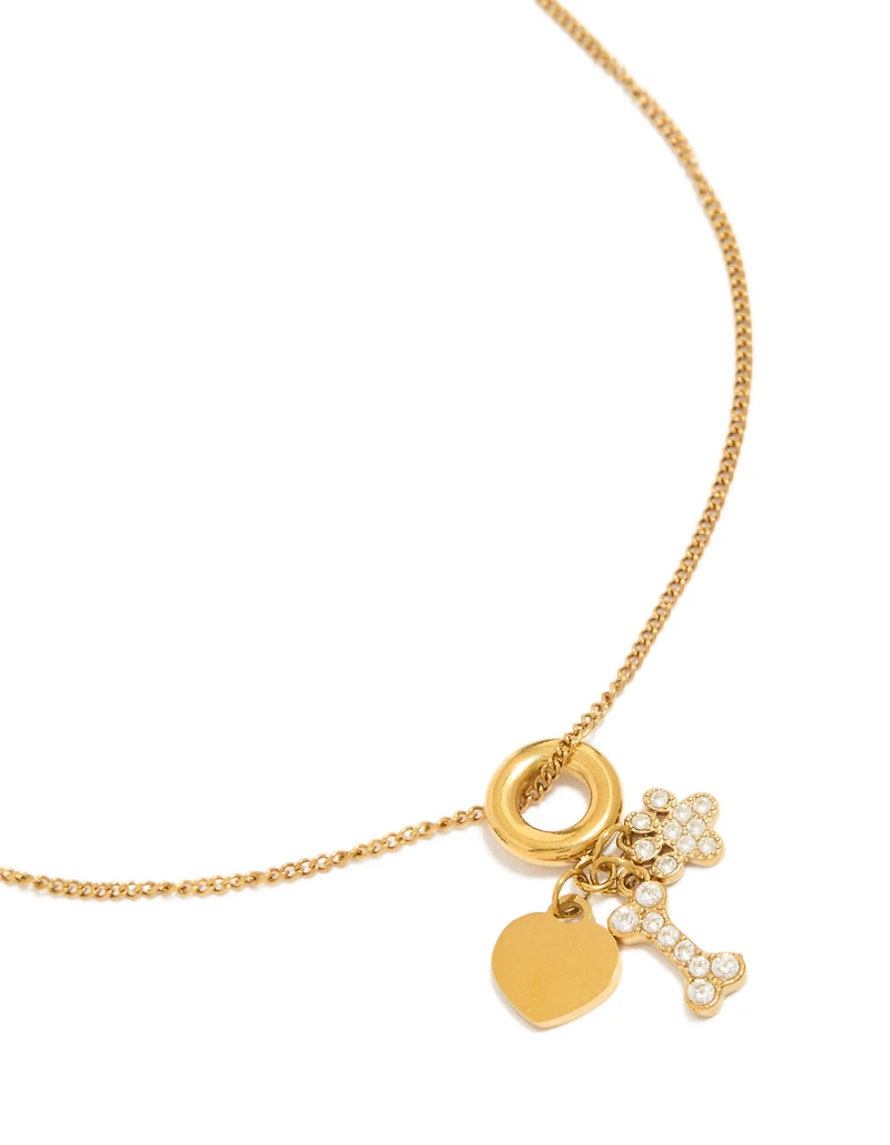 Tweens Gold Plated Stainless Steel Paw & Bone Charm Necklace