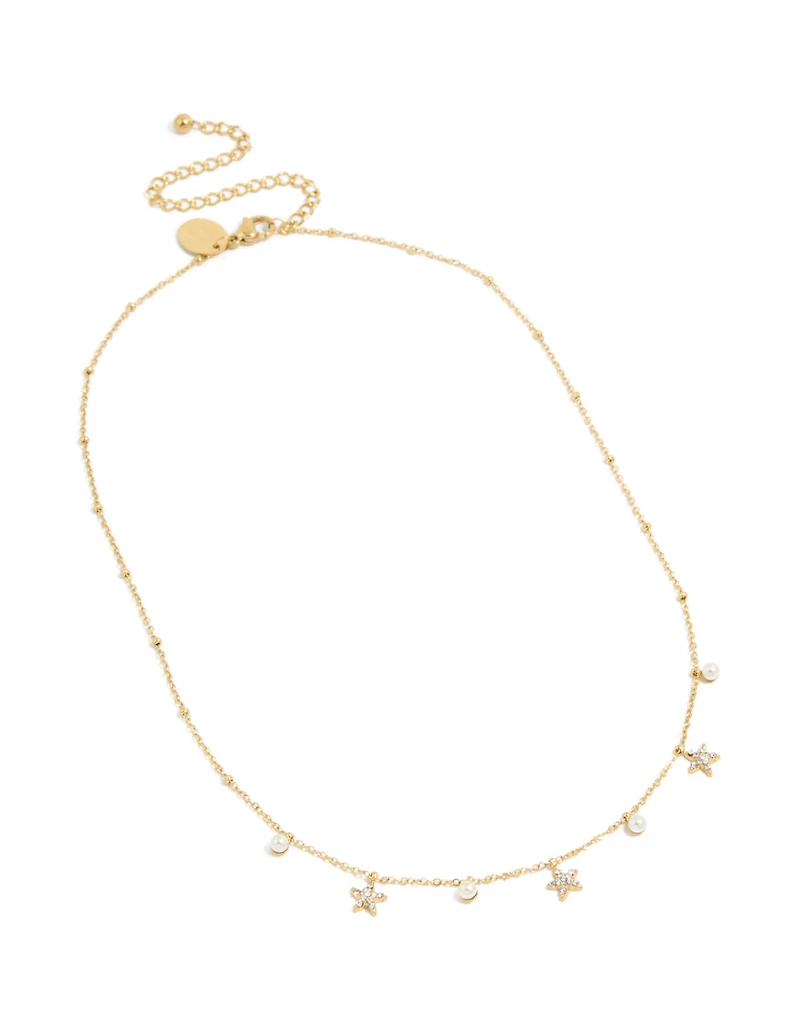 Tweens Gold Plated Stainless Steel Pearl & Starfish Charms Necklace